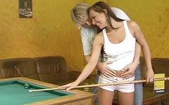 A sensational fuck session as sexy brunette is bent over a pool table join background