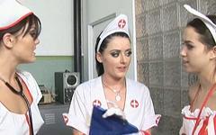 Watch Now - Three sexy naughty uniformed nurses jerk off a naked patient in cfnm style