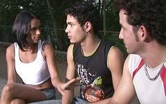 Latina Karine Muller takes on two bisexual dudes in outdoor threesome - movie 1 - 2