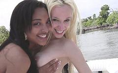 Black on white lesbian mutual masturbation and sex play on a boat outdoors - movie 5 - 5