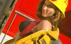 Slutty brunette eager to thank local fireman with hardcore fuck on truck join background