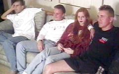 Jetzt beobachten - Skinny amateur redhead gets gangbanged by three military men