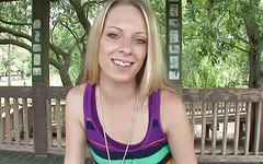 Sweet blonde with tiny tits strips and flashes in public park - movie 3 - 7