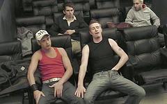 Watch Now - Scruffy jocks have a bareback threesome in a theatre