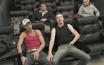 Download Scruffy jocks have a bareback threesome in a theatre