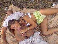 Hot fuck outdoors against a car and on a blanket gives this whore a facial - movie 4 - 3