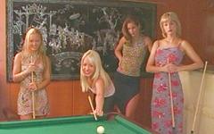 Blonde beauties Celia and Megan Cole have lesbian dildo sex on pool table join background