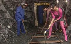 Lingerie-clad coal miners Antonia Deona, Kat Lee and Kit Lee have group sex join background