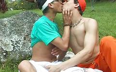 Watch Now - Skinny latino jocks fuck in a public park