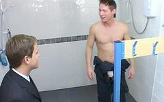 Watch Now - British boys joshua cartier and will forbes fuck in the office showers.