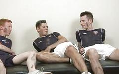 Watch Now - British football players get horny after practice and fuck in a threesome