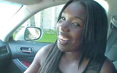 Black chick Stefanie sucks a white cock in a car in POV scene join background