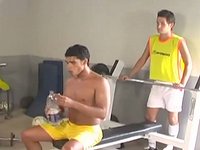 Watch Now - Well hung latino jock in jockstrap sucks and fucks with a cute twink in gym