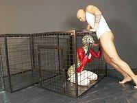 Latex Lucy gives a blowjob through a cage and drinks cum out of a condom - movie 4 - 3