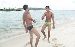 Watch Now - Latino jocks fuck on a public beach