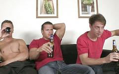 Watch Now - Horny muscle hunks have a bareback threesome in the living room