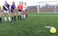 Lesbian petite 18 year olds strip on the soccer field. join background