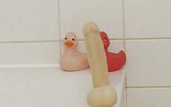 Euro guy with a hairy cock rides a dildo and beats off in the shower - movie 3 - 4