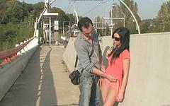 Exotic Elis Black Sucks Cock and Masturbates on Busy Streetcar Bridge join background