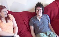 Watch Now - Slutty curvy red head gives a blowjob to a dorky nerd