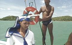 Jetzt beobachten - Two sailors rim and spitroast tan passenger's hungry holes on sunny yacht