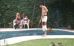 Two chicks with dicks have a threesome with a hunky pool guy - movie 3 - 2