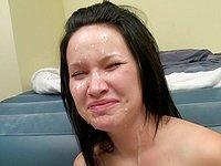 Cute brunette gets giant facial after blowbang - movie 4 - 7