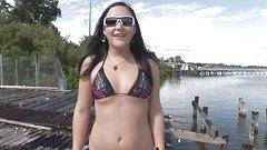 Brunette goes skinny dipping after striptease on the beach - movie 4 - 2