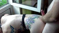 tatted MILF gets her pussy stuffed from behind as she stands by a window - movie 5 - 7