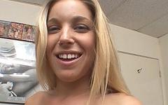 Holly Stevens shows her coated tongue before swallowing in a POV blowjob join background