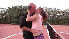 Bunnie Babie drinks her elderly tennis coaches cum out of his cock - movie 2 - 2