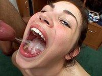 Faith Leon kneels while some guys load up her mouth with their cum - movie 16 - 3