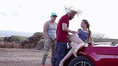 Alexis Crystal lets two studs take turns on her ass while up against a car - movie 4 - 5