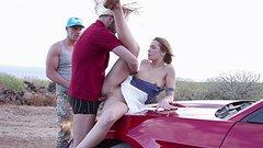 Alexis Crystal lets two studs take turns on her ass while up against a car - movie 4 - 6