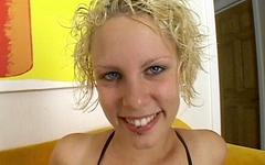 Freaky blonde with lip piercing slides her lips and tongue down your shaft join background