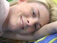 A pale skinned blonde with a bare shaven pussy masturbates using a sex toy - movie 4 - 7