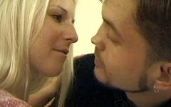 This sexy blonde teen is with an older guy in a hotel room and they fuck join background