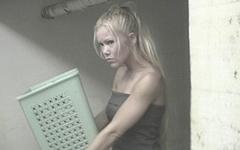 Pretty blonde makes laundry time a whole lot more fun with a hot fuck join background