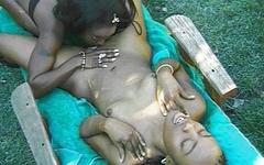 Delicious ebony sluts masturbate outdoors and enjoy some lesbian sex play - movie 3 - 5